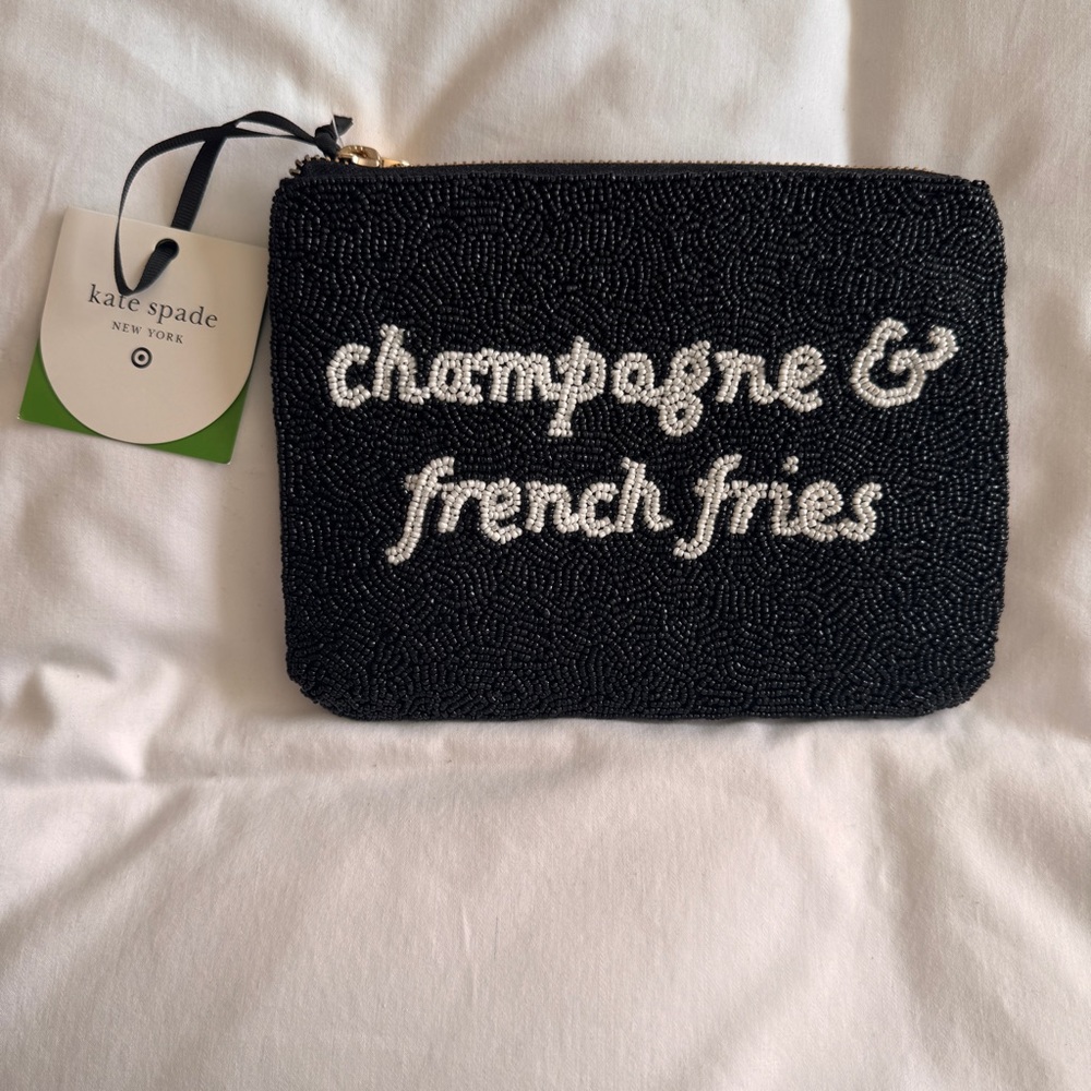 kate spade black pouch with white beaded script